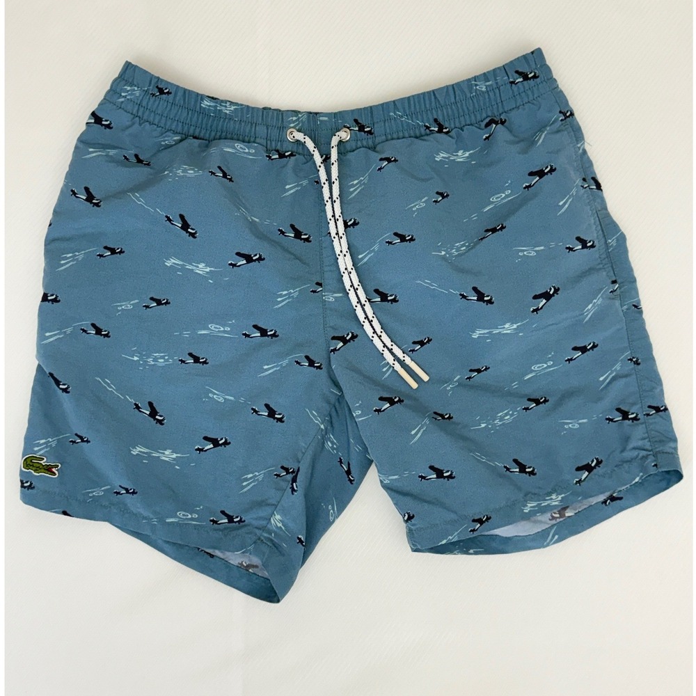 Lacoste Mens Blue Airplane Print Swim Trunks Shorts MH4764-51 Size Small